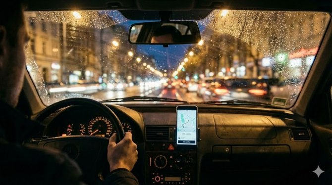 Pogled s mjesta vozača Ubera tijekom noćne vožnje po kiši. Pametni telefon s navigacijom za besplatnu vožnju pričvršćen je u držaču