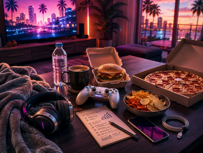 Grickalice, voda i kontroler pripremljeni za gaming vikend