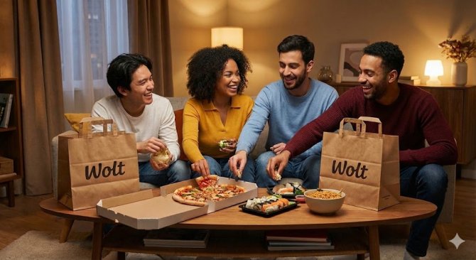 Grupa od četvero prijatelja u dnevnom boravku zajedno dijeli raznoliku hranu, uključujući pizzu i sushi, dostavljenu u vi&scaron;e papirnatih Wolt vrećica.